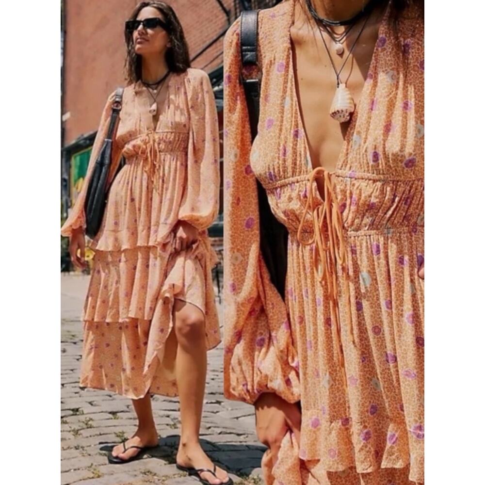 Free People Bohemian Gypsy Tiered Ruffle Maxi Dress Size Large Plunge Billowy - Picture 2 of 13